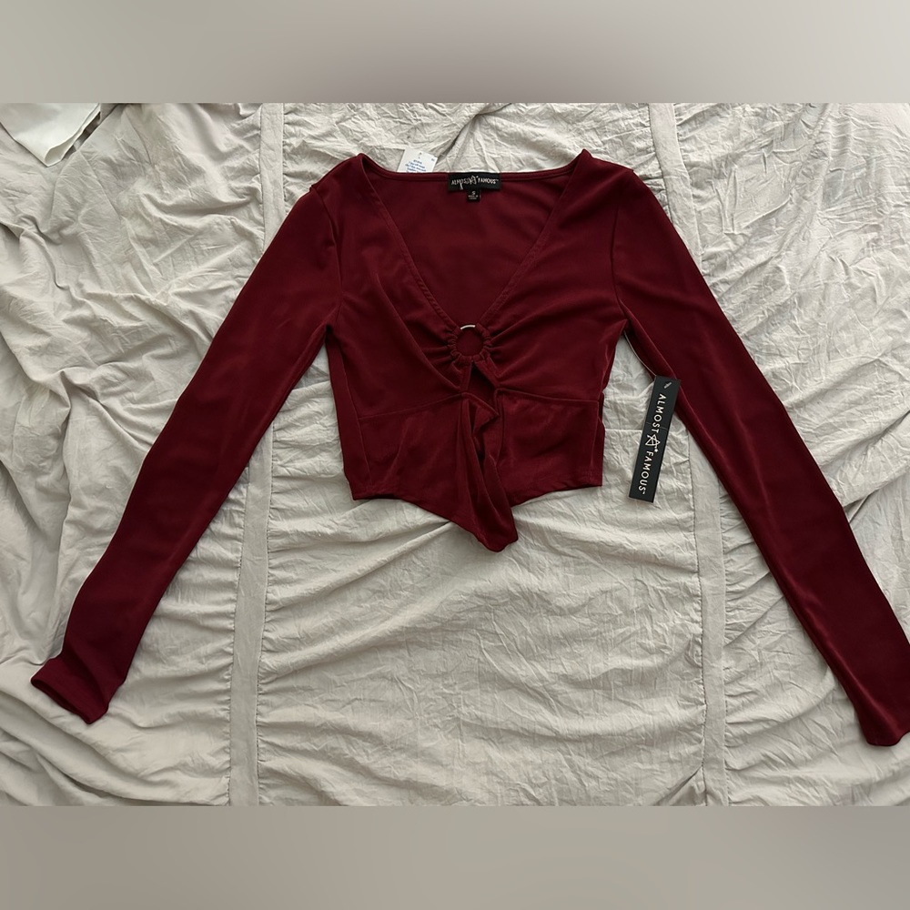Burgundy cropped long sleeve top.